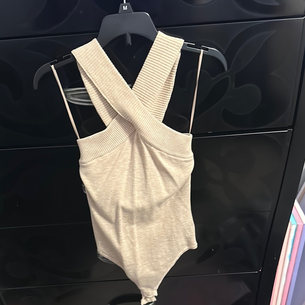 Beige Ribbed Cross-Back Bodysuit